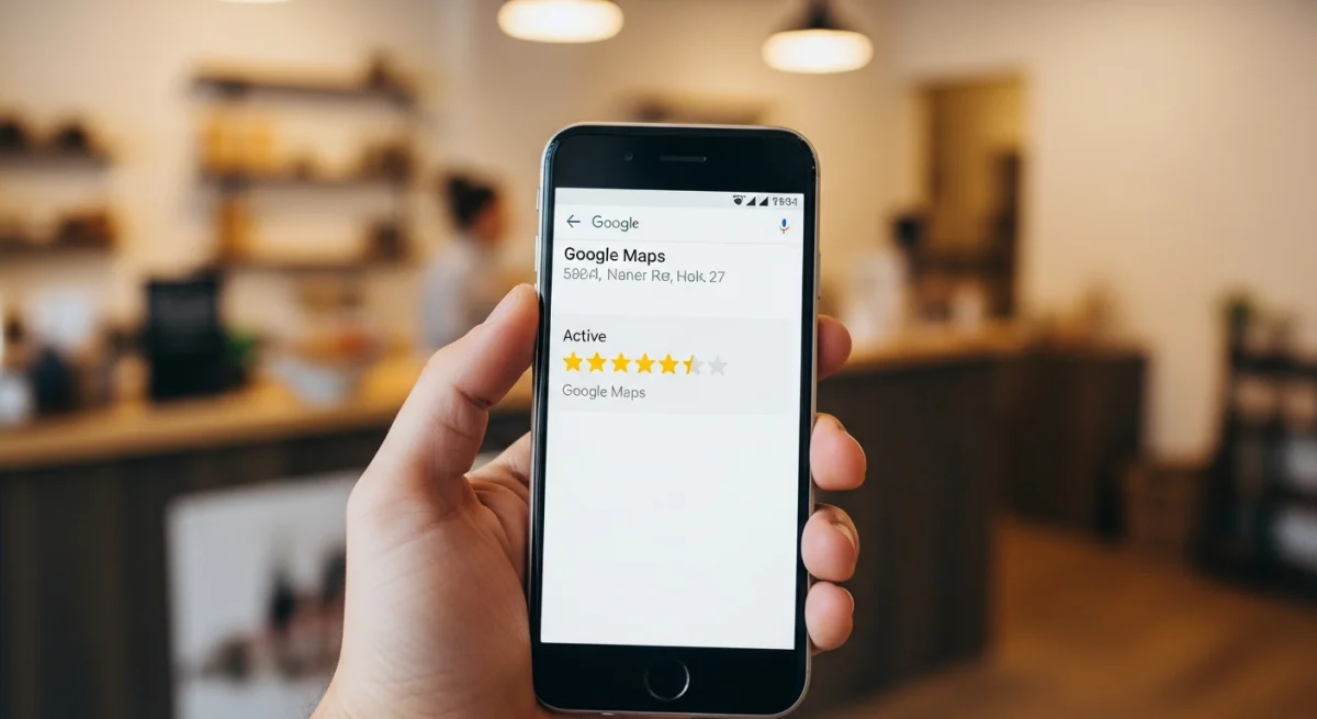 Hand holding a smartphone showing a Google Business Profile with five-star reviews in a small business setting