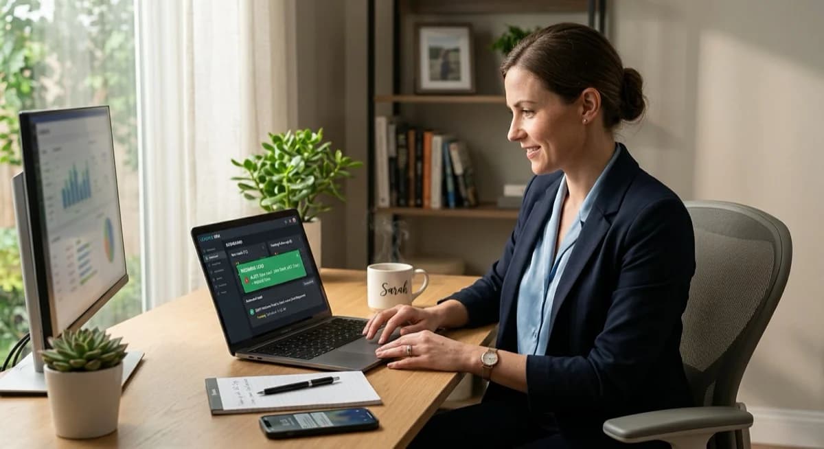 Business professional at a modern desk reviewing incoming lead notifications on a CRM dashboard