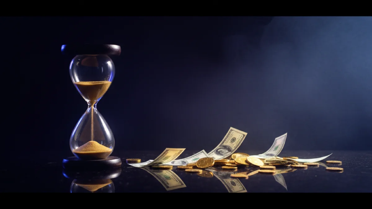 Vintage hourglass on a dark polished surface with golden sand falling and transforming into scattered dollar bills and gold coins
