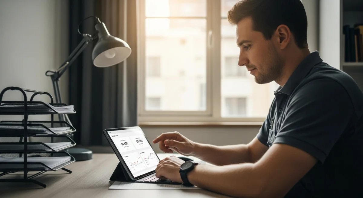 Small business owner at a simple desk looking at a tablet showing a clean single-metric dashboard