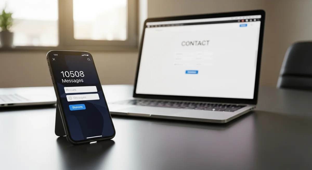 Smartphone on a desk showing unread notifications with a laptop open to a contact form in the background